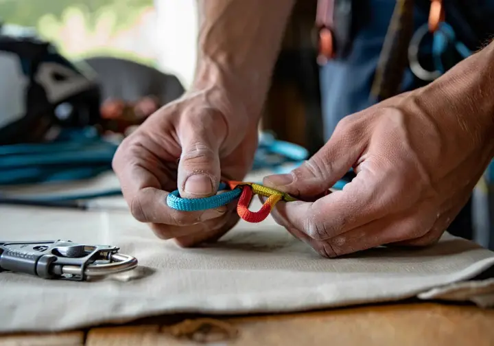 Climber's hands diligently inspecting the webbing and stitching on a Personal Anchor System (PAS) for wear, emphasizing maintenance for anchor chain safety and timely retirement.