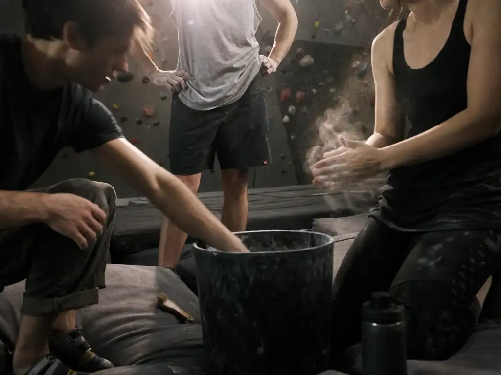 Three climbers gathered around a shared chalk bucket on the mats during a group bouldering session