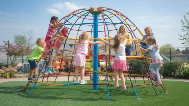 A vibrant playground scene featuring a colorful, sturdy climbing dome surrounded by cheerful children climbing, playing, and exploring, with lush green grass, blooming flowers, and blue skies creating a joyful, inviting atmosphere.