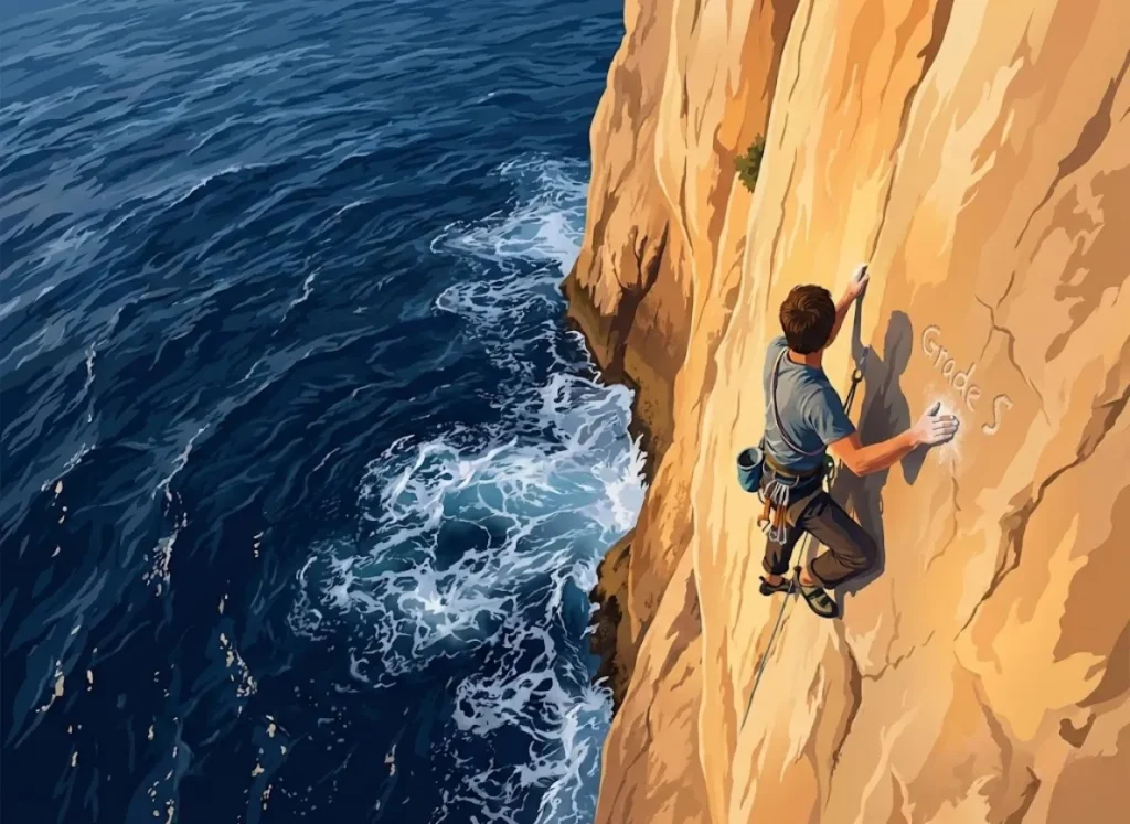 A cinematic illustration of a rock climber on a limestone cliff over the ocean in Mallorca, looking down at the water. The lighting is dramatic and moody, symbolizing the history of the sport and the risks involved.