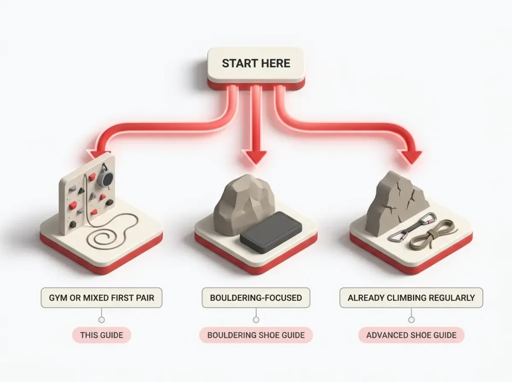 Infographic showing a 3-way decision tree routing beginner climbers to gym, bouldering, or advanced shoe guides