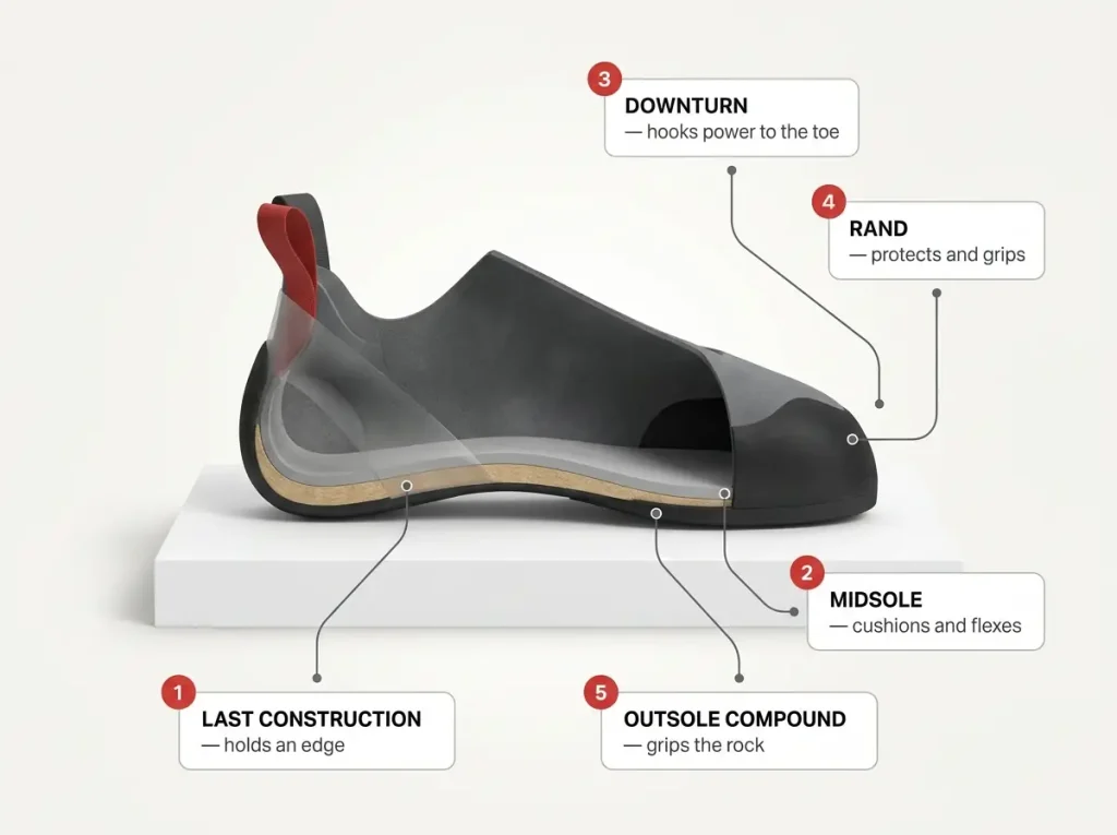 Cutaway diagram of a climbing shoe showing last construction, midsole, downturn, rand, and outsole with labels