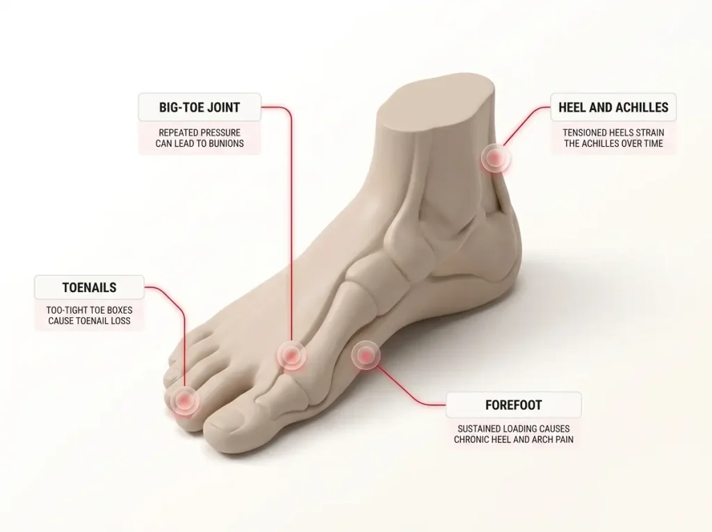 Infographic anatomy diagram flagging four foot zones stressed by climbing shoes with a one-line reason for each