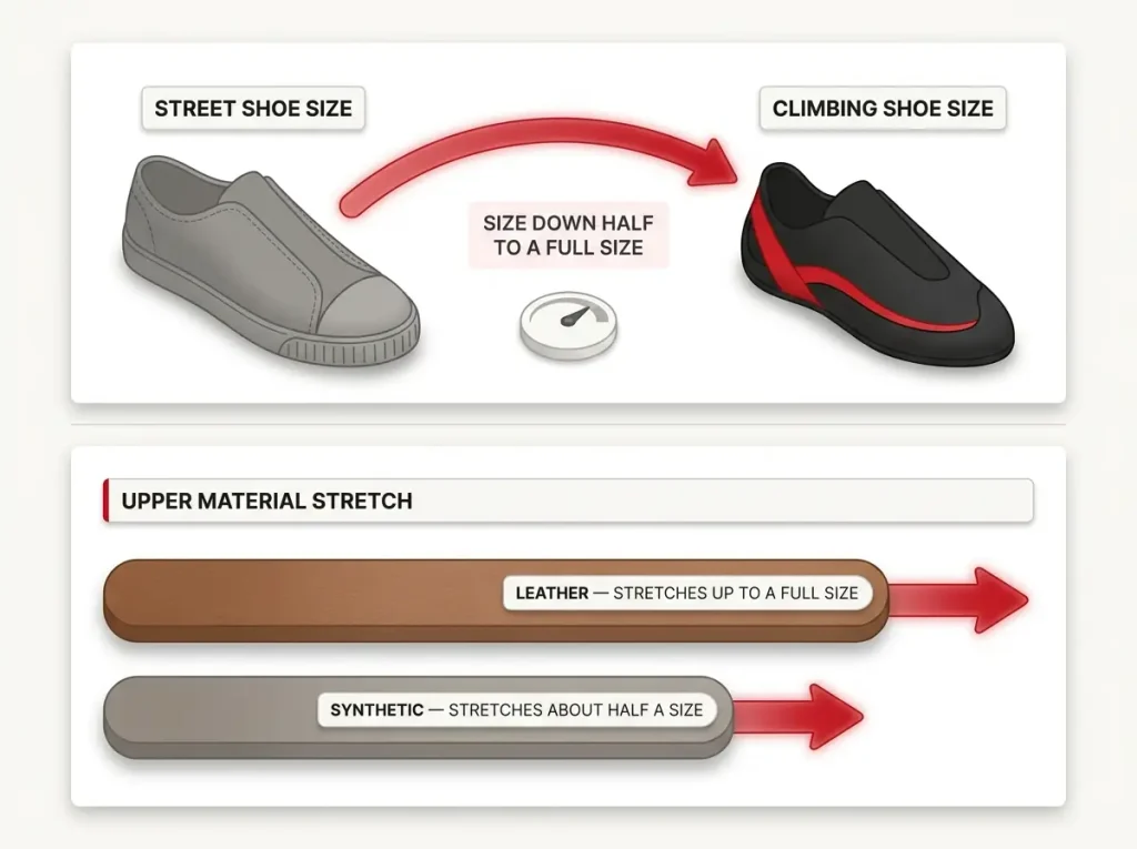 Infographic showing climbing shoe sizing from street size plus a leather versus synthetic stretch comparison bar