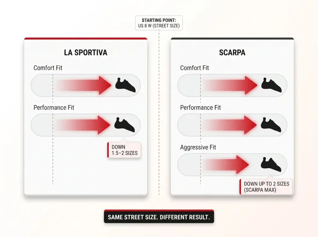 Chart comparing La Sportiva and Scarpa climbing shoe downsizing rules from a US 8 W street size
