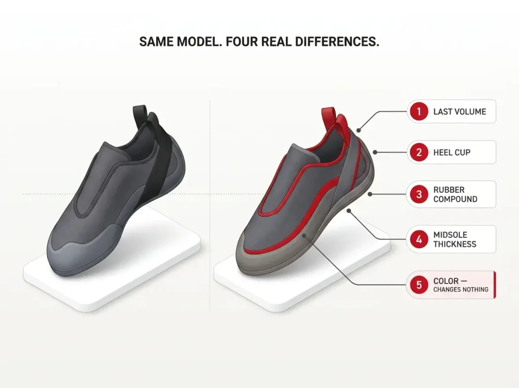 Infographic comparing men's and women's climbing shoes with callouts on last, heel cup, rubber, midsole, and color