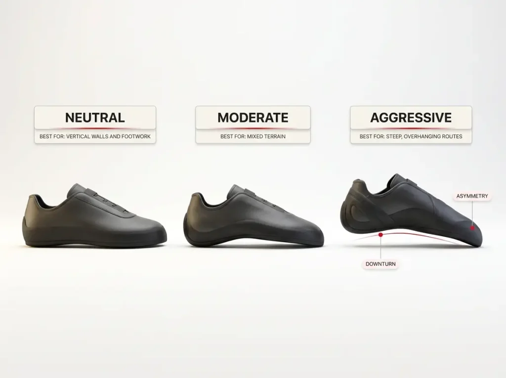 Infographic comparing neutral, moderate, and aggressive climbing shoe silhouettes with downturn and best-for labels