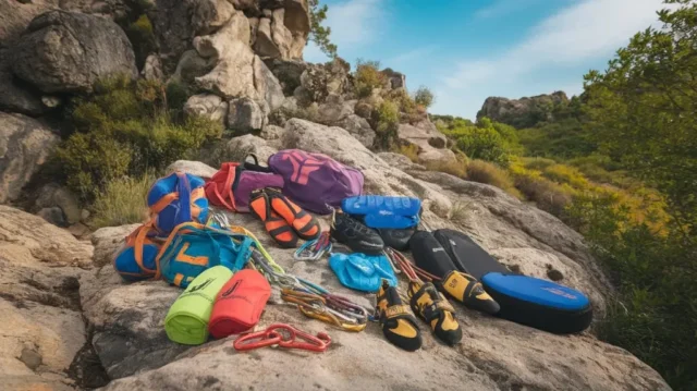 A vibrant assortment of climbing gear, including colorful chalk bags, sturdy carabiners, climbing shoes, and portable crash pads, displayed on a rocky outdoor backdrop surrounded by lush greenery and a clear blue sky.