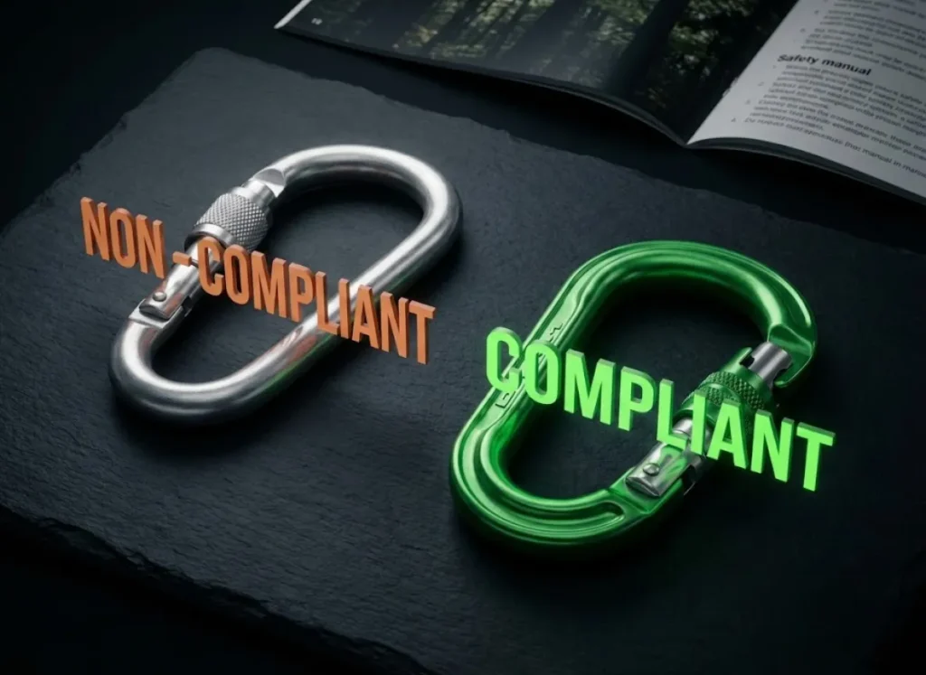 A high-definition, side-by-side comparison of two carabiners on a textured surface. The left shows a generic screw-gate labeled "NON-COMPLIANT," while the right shows a professional triple-action locking carabiner labeled "COMPLIANT," illustrating ANSI Z133 tree climbing safety standards.