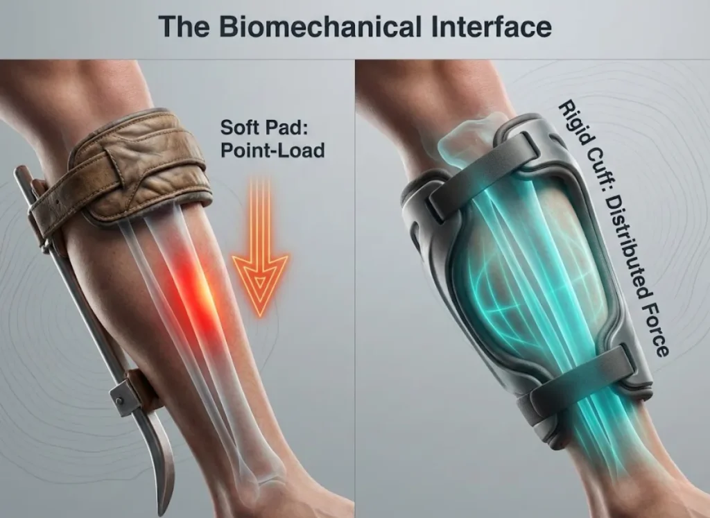 A split-screen biomechanical illustration comparing arborist climbing spurs. The left side shows a soft pad causing a red pressure point on the tibia, labeled "Point-Load." The right side shows a rigid cuff distributing support with blue gradients, labeled "Distributed Force."