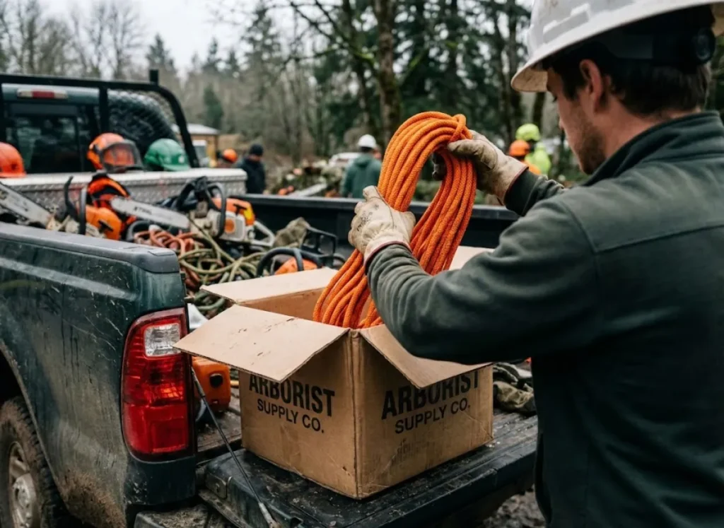 A tree crew unpacking a shipment of new climbing rope and gear on the tailgate of a work truck.