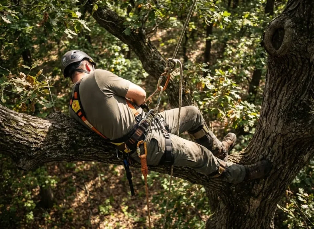 An arborist suspended high in a tree canopy, relying on ANSI-compliant life-support equipment.