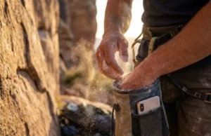 Best Chalk Bags 2026: Leak-Proof & Phone Fit Tested Close-up of a rock climber dipping hands into a chalk bag with a smartphone visible in the pocket, backlit by the sun.