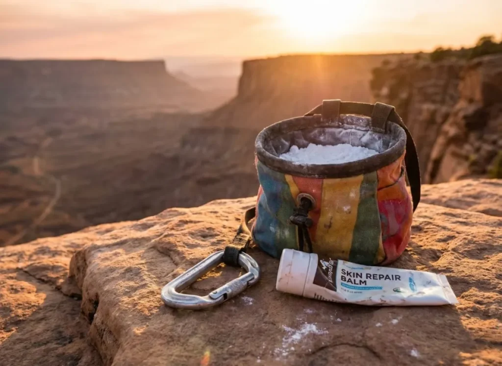 Top rated rock climbing gifts including a chalk bucket and skin care products displayed on a rock ledge at sunset.