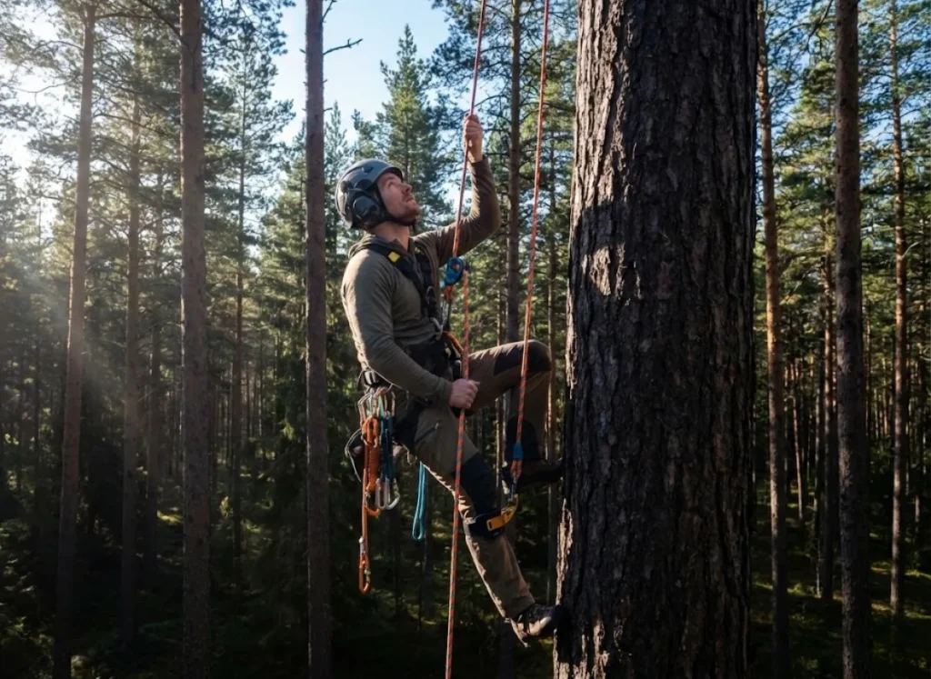 An arborist ascending a tree using a modern SRS climbing system featuring a knee ascender and integrated helmet.