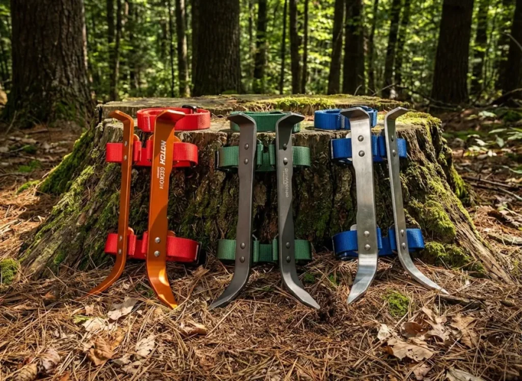 Three pairs of professional tree climbing spikes resting on a mossy tree stump in a forest setting.