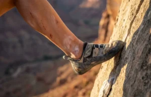 Best Women’s Climbing Shoes: An Anatomy-First Guide Close-up of a female rock climber's foot in a high-performance shoe standing on a small limestone edge.
