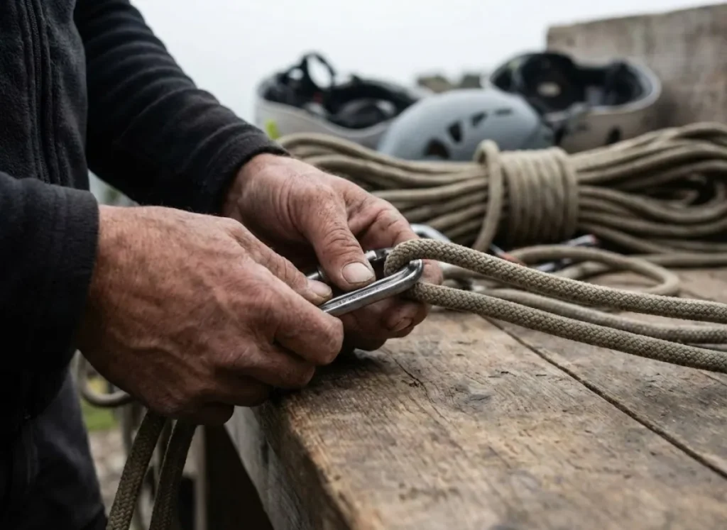 Close-up of an arborist inspecting the compatibility between a carabiner and a climbing rope.