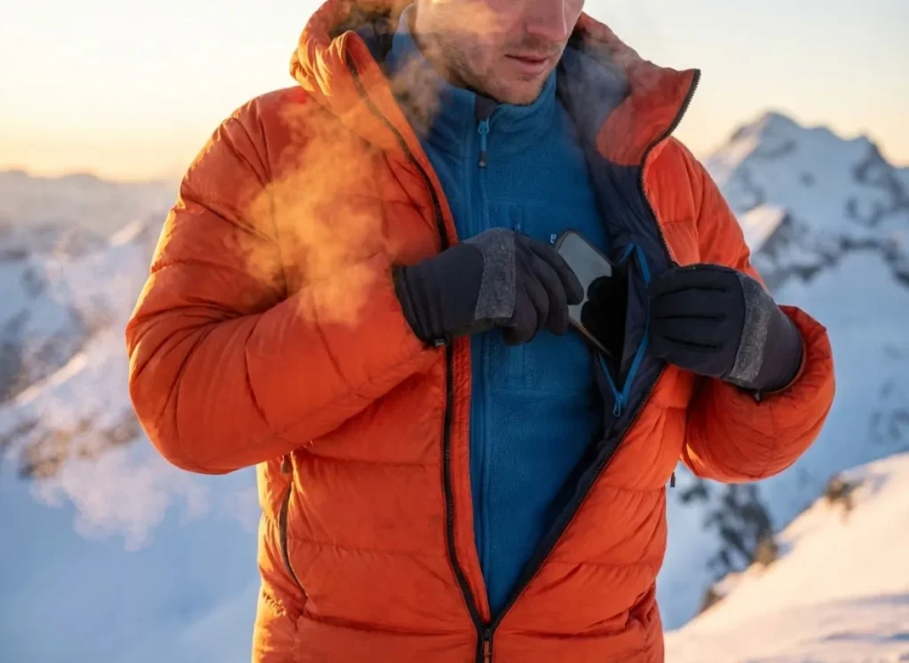 A climber unzipping their outer down suit to place a smartphone into a warm inner fleece pocket for insulation.