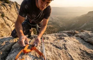 Climbing Anchor Chains: Metolius PAS Safety & Usage A rock climber at the top of a cliff clipping a Metolius PAS 22 into the anchor bolts.