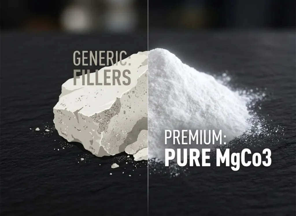 A split-screen macro close-up comparing the texture of rough, generic block chalk with fillers against a pile of ultra-fine, premium magnesium carbonate powder.
