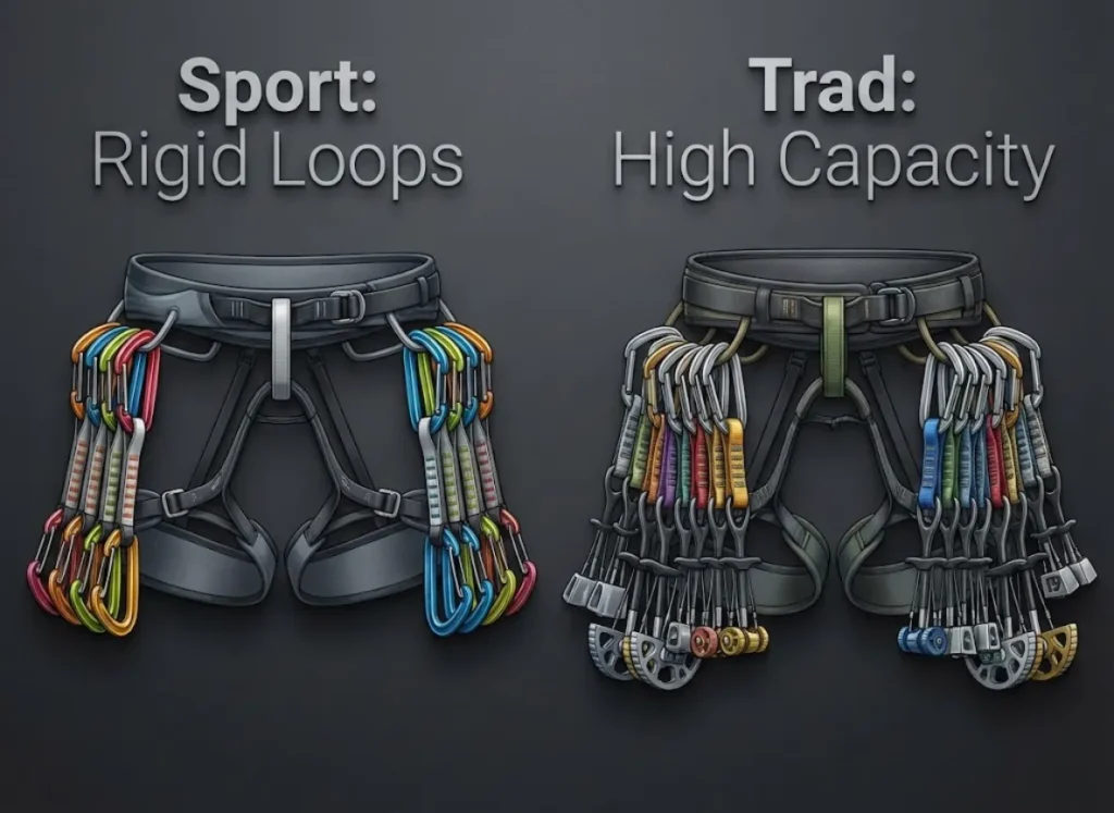 A high-definition overhead flat-lay comparison showing a sleek sport climbing harness with quickdraws on the left versus a robust trad climbing harness overloaded with cams and nuts on the right.