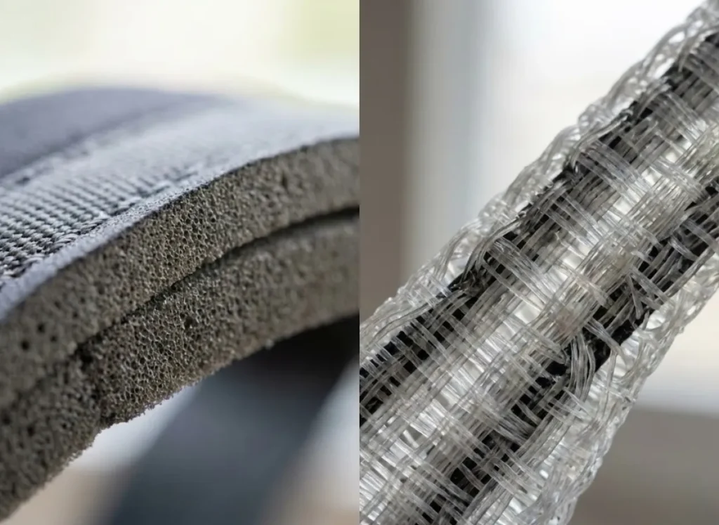 Close-up comparison of thick foam harness padding versus ultralight wireframe mesh webbing.