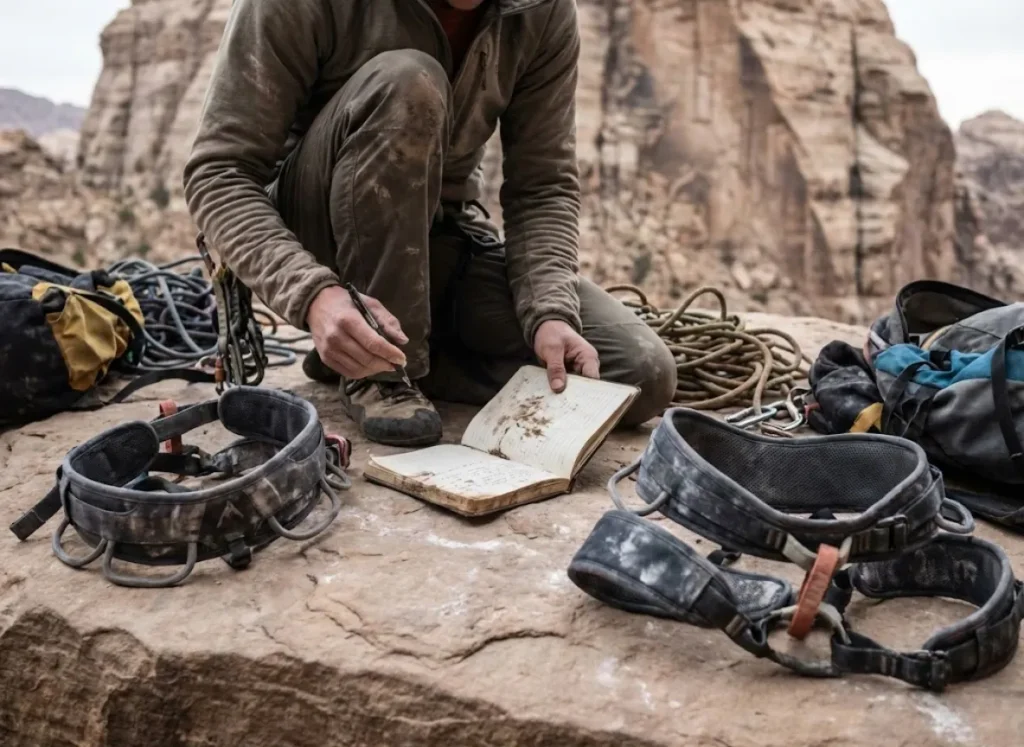 A gear tester evaluating multiple climbing harnesses at the base of a rock climbing crag.