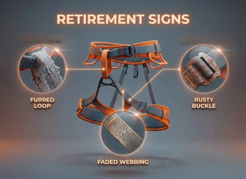A high-definition educational infographic titled "RETIREMENT SIGNS" displaying a worn climbing harness. Magnified viewpoints highlight specific damage types: a furred belay loop, faded webbing texture, and a corroded buckle, blending realistic photography with 3D vector overlays.