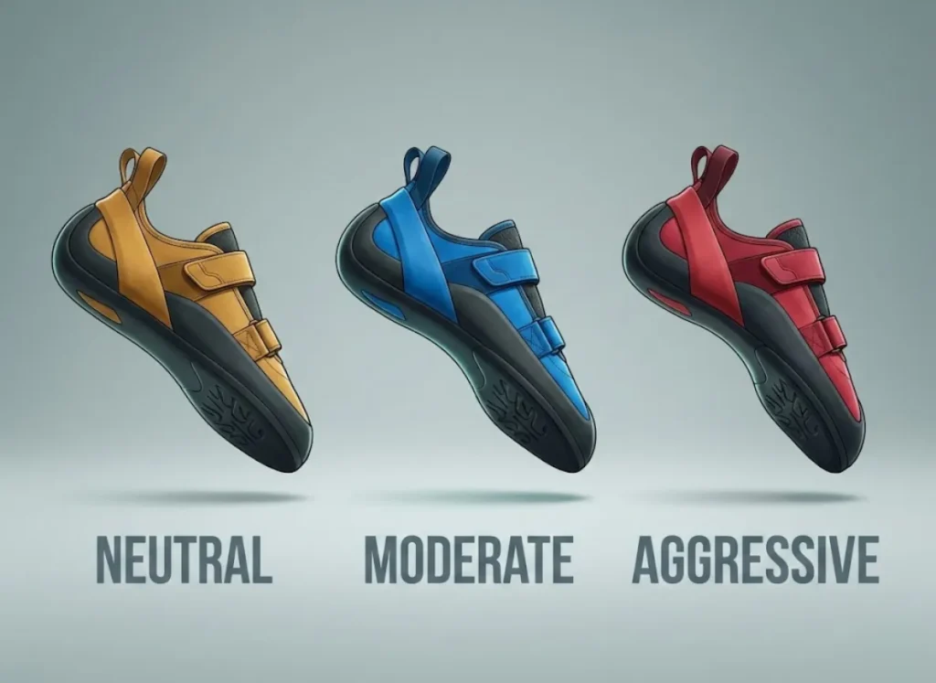 A high-definition editorial illustration comparing three climbing shoe profiles side-by-side: a flat Neutral shoe, a curved Moderate shoe, and a hooked Aggressive shoe, with corresponding text labels highlighting the arch intensity.