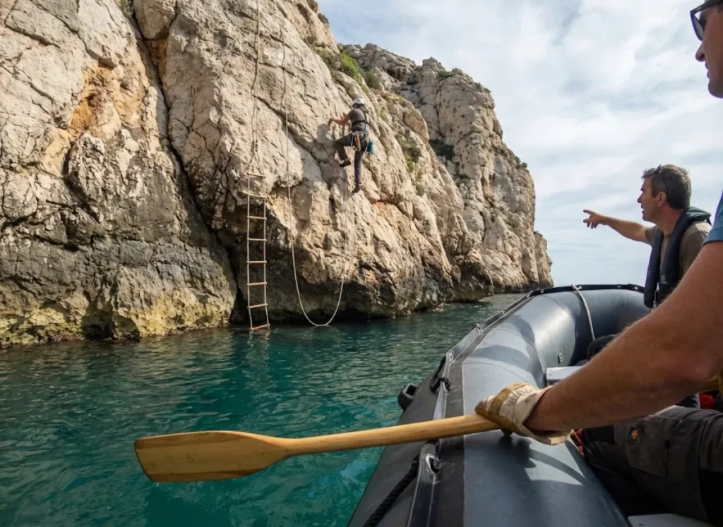 A view from a support boat looking up at a deep water solo climber, showing a hanging safety rope and spotter position.