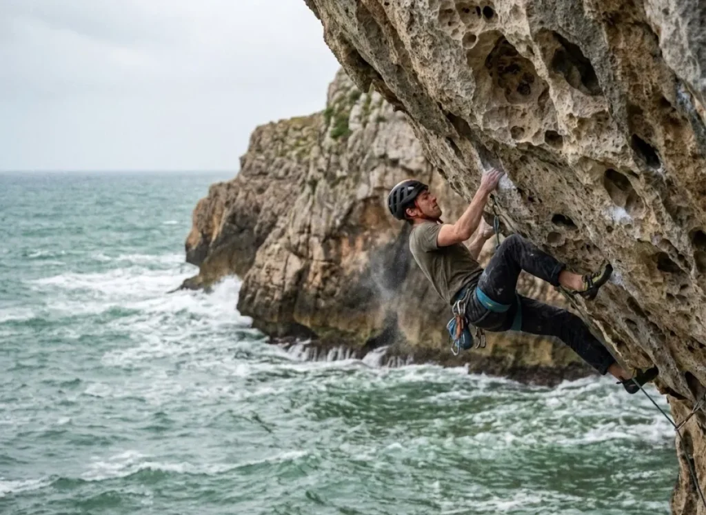 A climber tackling a difficult overhanging deep water solo route on the Dorset coast, illustrating the technical style Cook introduced.