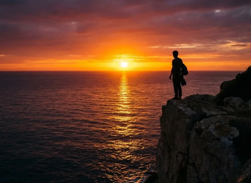 A silhouette of a climber looking out over the ocean at sunset, symbolizing the enduring legacy of Damian Cook.
