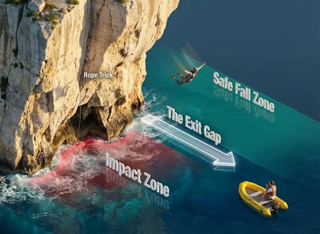 A high-definition 3D infographic illustrating Deep Water Soloing safety. The image contrasts a red-highlighted turbulence zone at the cliff base with a calm, safe deep-water landing zone, featuring a climber and a support dinghy.