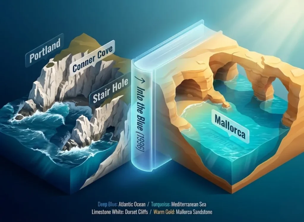 A high-end isometric 3D map comparing the rugged Deep Water Soloing coastline of Dorset, UK, with the calm limestone coves of Mallorca. The image features labels for key climbing locations and an artistic representation of the 'Into the Blue' guidebook connecting the two regions.