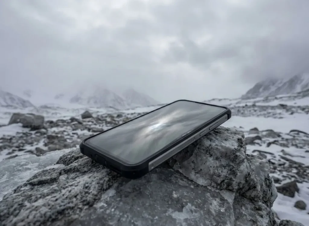 A smartphone resting on icy rock at high altitude showing signs of screen separation due to low atmospheric pressure.