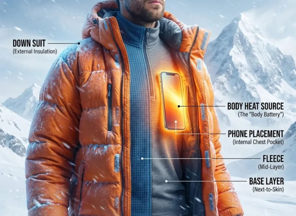 A technical cross-section infographic illustrating the proper layering system for a mountaineer to keep a smartphone warm using body heat. It shows the layers from outside in: Down Suit, Fleece, Base Layer, and the phone nestled against the chest, with warm light radiating from the body core.