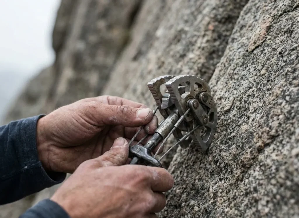 Close-up of a rock climber's chalky hands inspecting the trigger mechanism of a climbing cam.