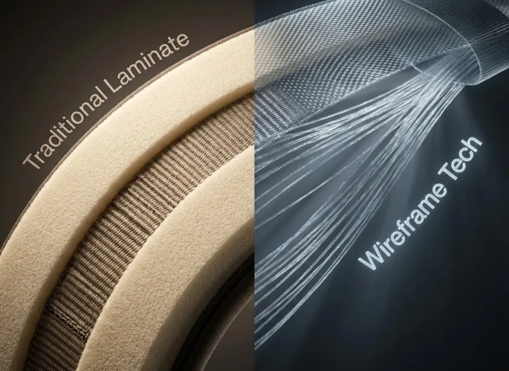 A split-screen macro comparison of climbing harness cross-sections. The left shows thick, padded traditional foam, while the right shows airy, translucent modern wireframe strands, highlighting breathability and weight differences.