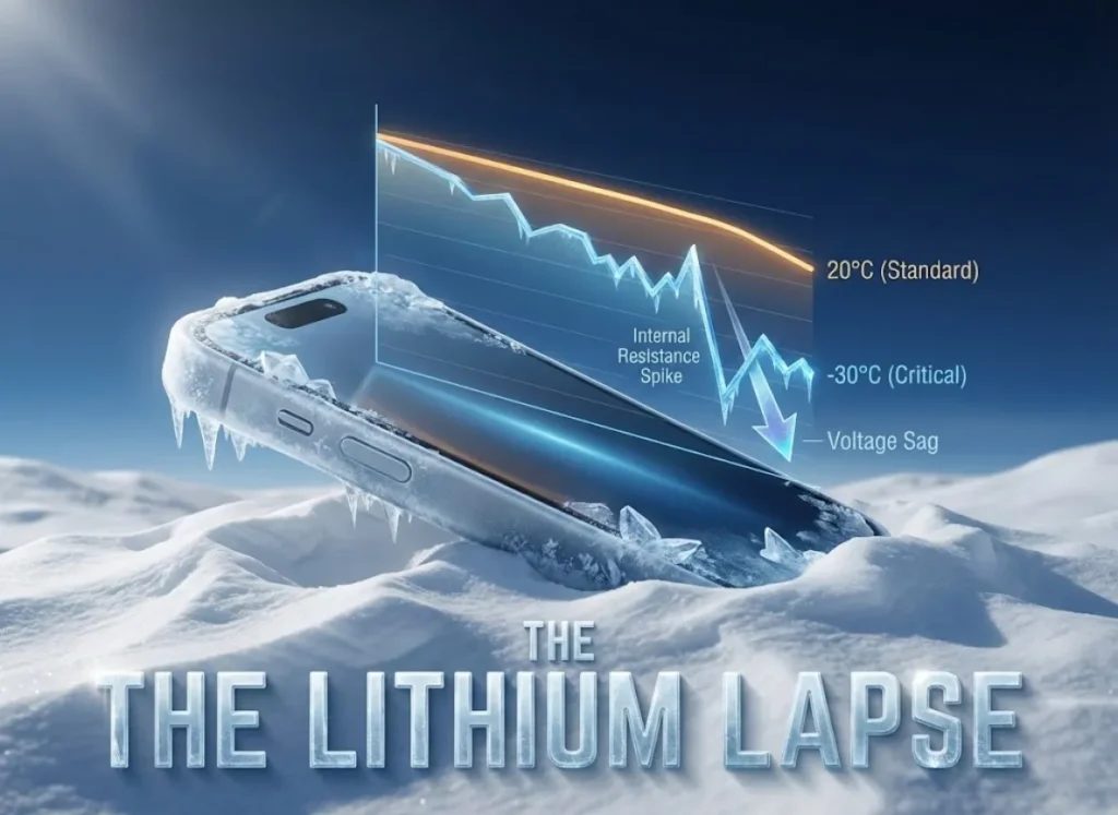 A split-view 3D infographic titled "The Lithium Lapse" set on Mount Everest. A frosted smartphone sits in snow with a glowing holographic chart floating above it, comparing a steady battery discharge curve at 20°C against a rapid voltage drop at -30°C, illustrating battery hypothermia.