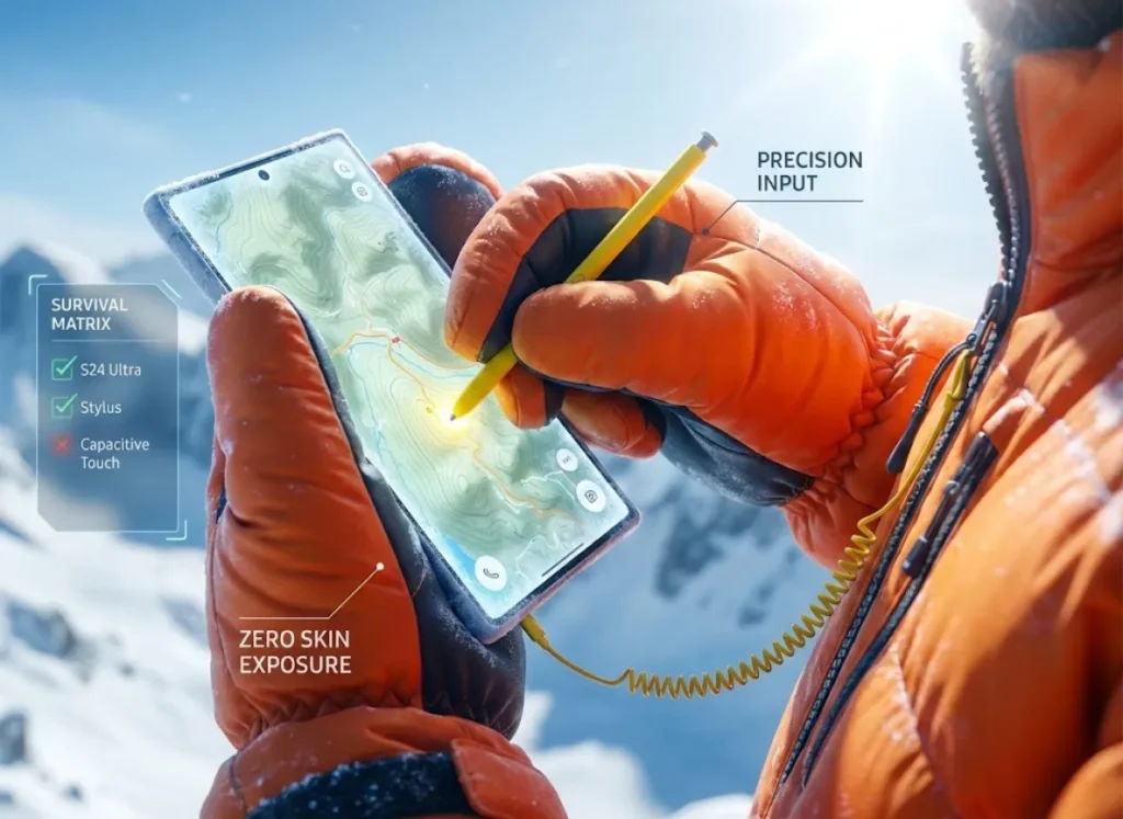Close-up illustration of a mountaineer in thick orange mittens using a yellow S-Pen stylus on a Samsung Galaxy S24 Ultra. Augmented reality text overlays highlight "Zero Skin Exposure" and "Tethered Safety," set against a blurred background of snowy Himalayan peaks.