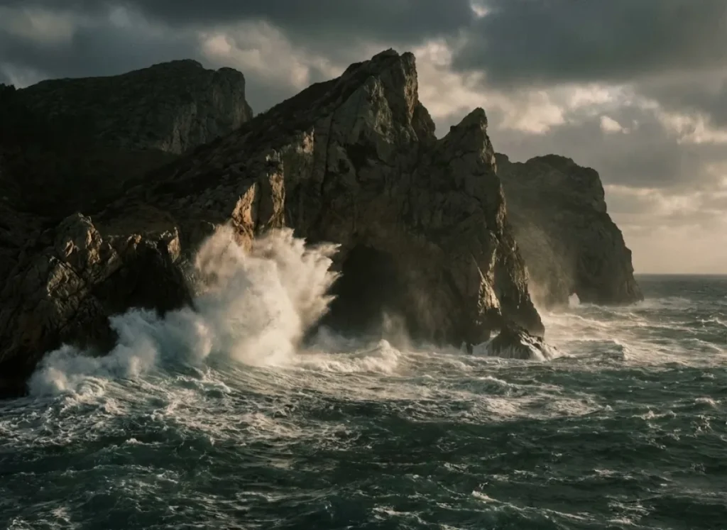 Heavy ocean swell crashing against the base of Mallorcan sea cliffs, illustrating the dangerous conditions and the 'Exit Gap' concept.