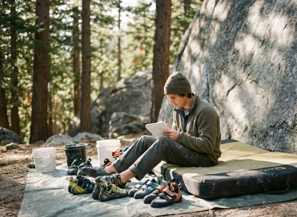 A rock climber sitting outdoors reviewing and testing different pieces of climbing equipment.