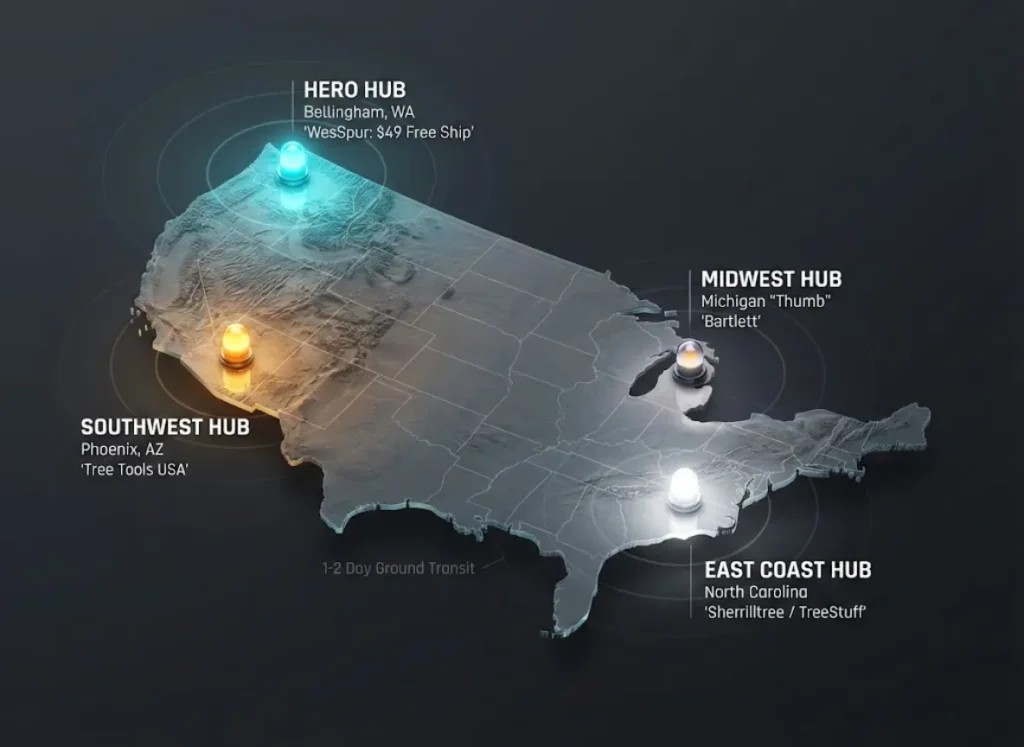 A 3D isometric map of the United States visualizing shipping hubs for arborist gear. Highlighting WesSpur in WA with a $49 threshold, Tree Tools in AZ, Bartlett in MI, and Sherrilltree in NC with $99+ thresholds.