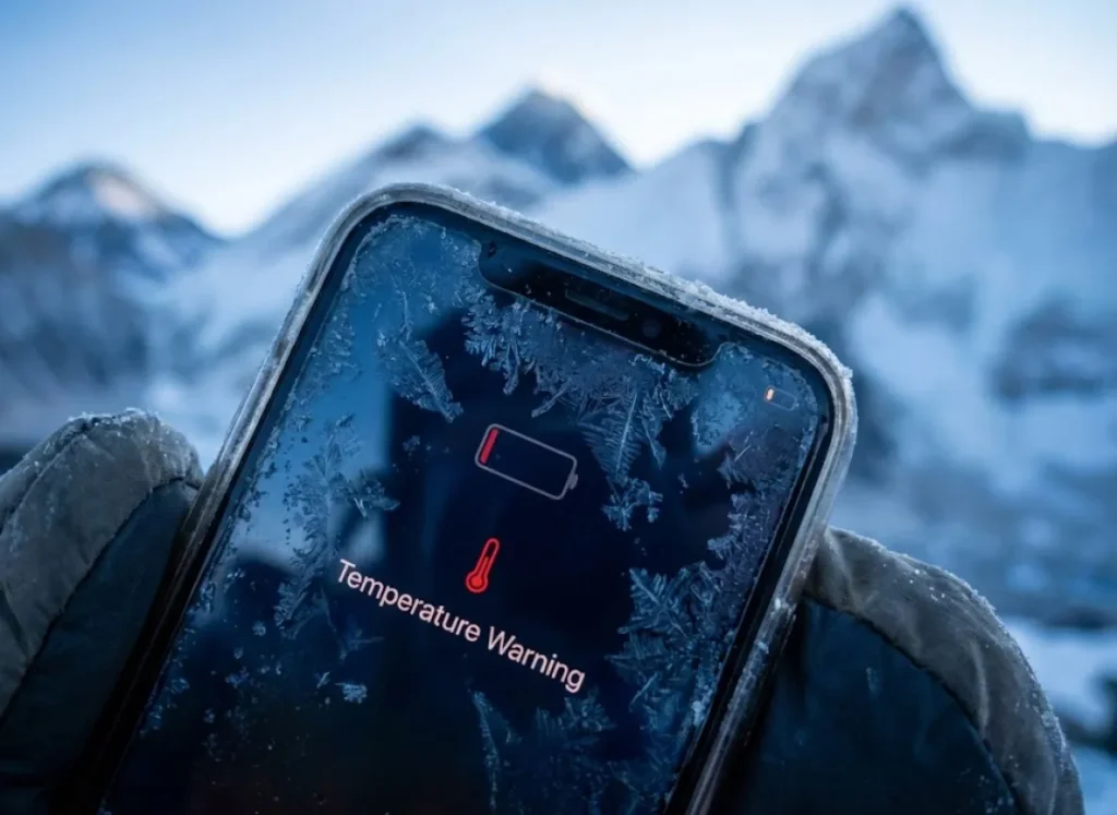 Close-up of a smartphone screen covered in ice crystals held by a gloved hand, displaying a low battery warning in extreme cold.