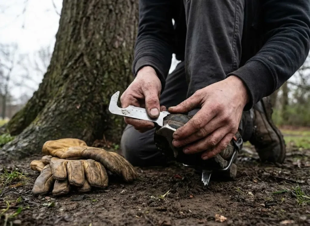 A person using a metal gauge to measure the sharpness and shape of a tree climbing gaff point.