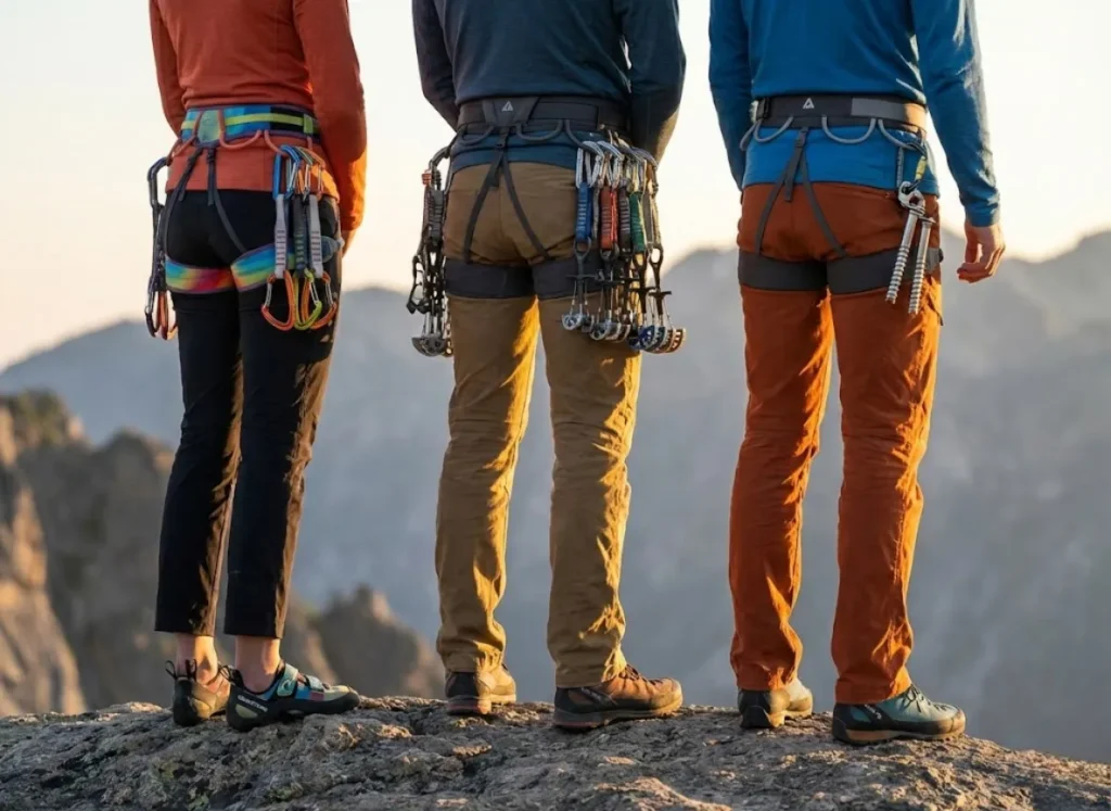Waist-down view of three climbers wearing specific harnesses for sport, trad, and alpine climbing.