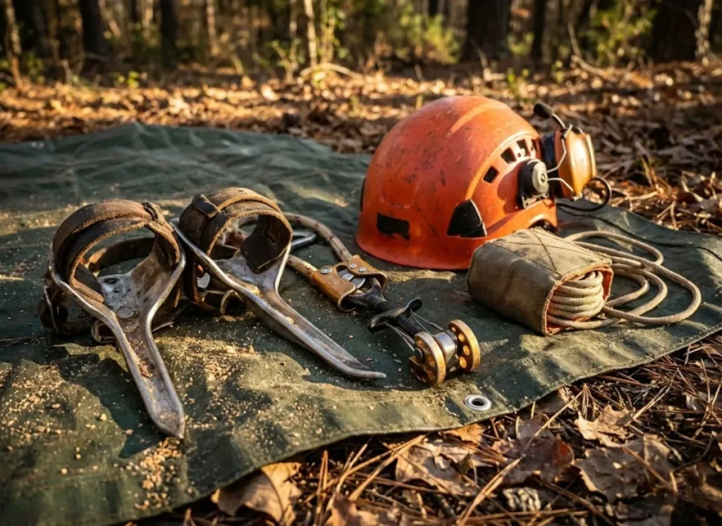 A collection of professional tree climbing gear including spikes, helmets, and mechanical devices arranged on a tarp.