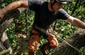 Tree Climbing Equipment: The Master System Blueprint A professional arborist hanging from a rope high in an oak tree, wearing full safety gear and using a mechanical climbing device.