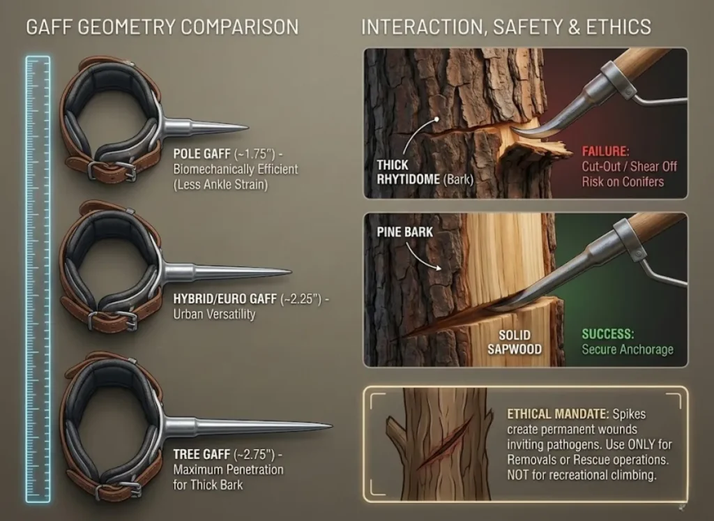 A technical infographic comparing three types of tree climbing gaffs: Pole Gaff (1.75"), Hybrid Gaff (2.25"), and Tree Gaff (2.75"). The left panel shows the gaffs with measurements. The right panel shows cross-section illustrations of a short Pole Gaff failing to penetrate thick bark (labeled "FAILURE: Cut-Out Risk") versus a long Tree Gaff successfully anchoring in solid sapwood (labeled "SUCCESS: Secure Anchorage"). A final section addresses the ethical mandate of using spikes only for removals to avoid tree wounds and pathogens.